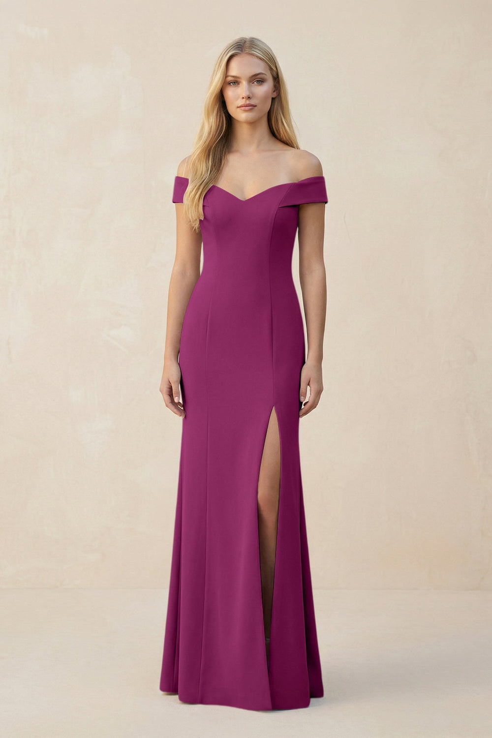 Off - the - Shoulder Sheath Matte Satin Bridesmaid Dress in Fig - KISS BRIDAL Bridesmaid Dresses