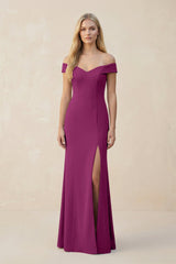 Off - the - Shoulder Sheath Matte Satin Bridesmaid Dress in Fig - KISS BRIDAL Bridesmaid Dresses