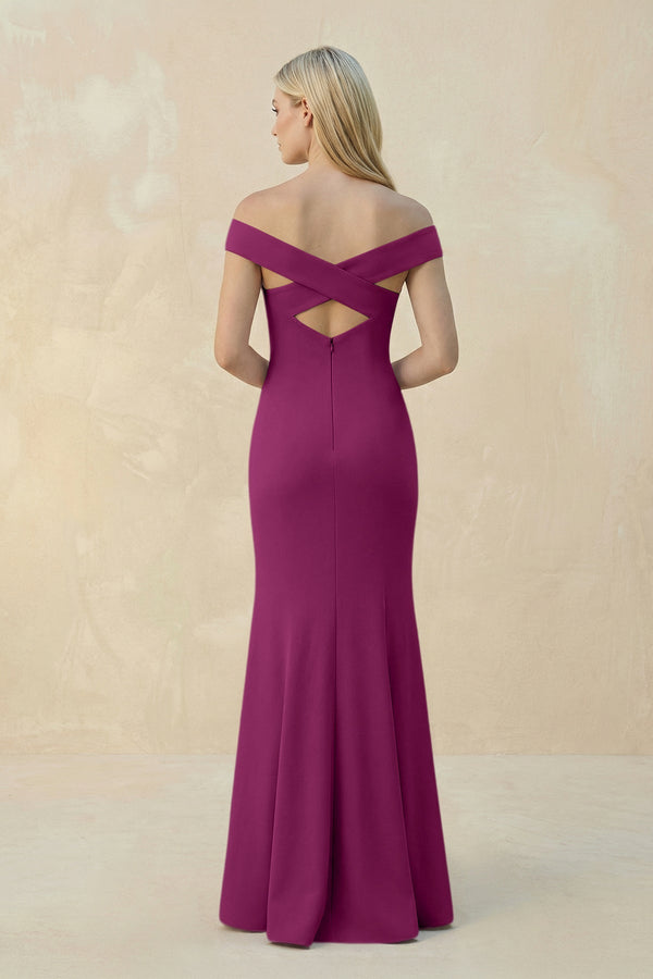 Off - the - Shoulder Sheath Matte Satin Bridesmaid Dress in Fig - SHE IS ME Bridesmaid Dresses