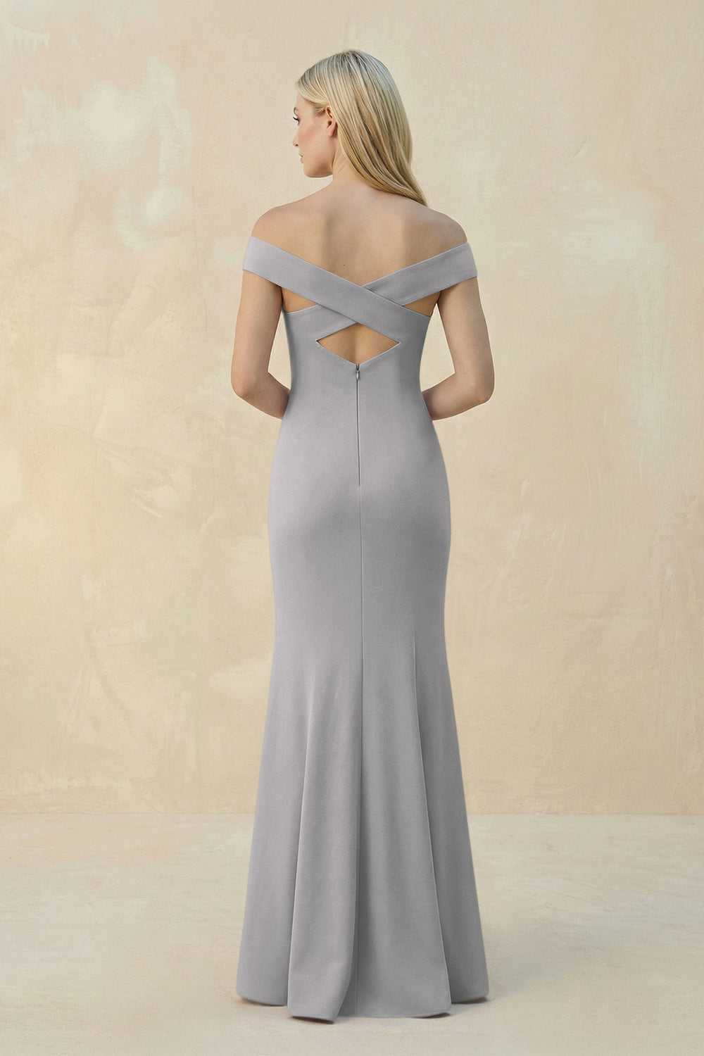 Off - the - Shoulder Sheath Matte Satin Bridesmaid Dress in Frost - SHE IS ME Bridesmaid Dresses