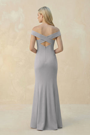 Off - the - Shoulder Sheath Matte Satin Bridesmaid Dress in Frost - KISS BRIDAL Bridesmaid Dresses