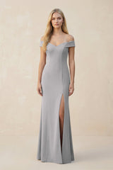Off - the - Shoulder Sheath Matte Satin Bridesmaid Dress in Frost - KISS BRIDAL Bridesmaid Dresses