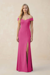 Off - the - Shoulder Sheath Matte Satin Bridesmaid Dress in Fuchsia - KISS BRIDAL Bridesmaid Dresses