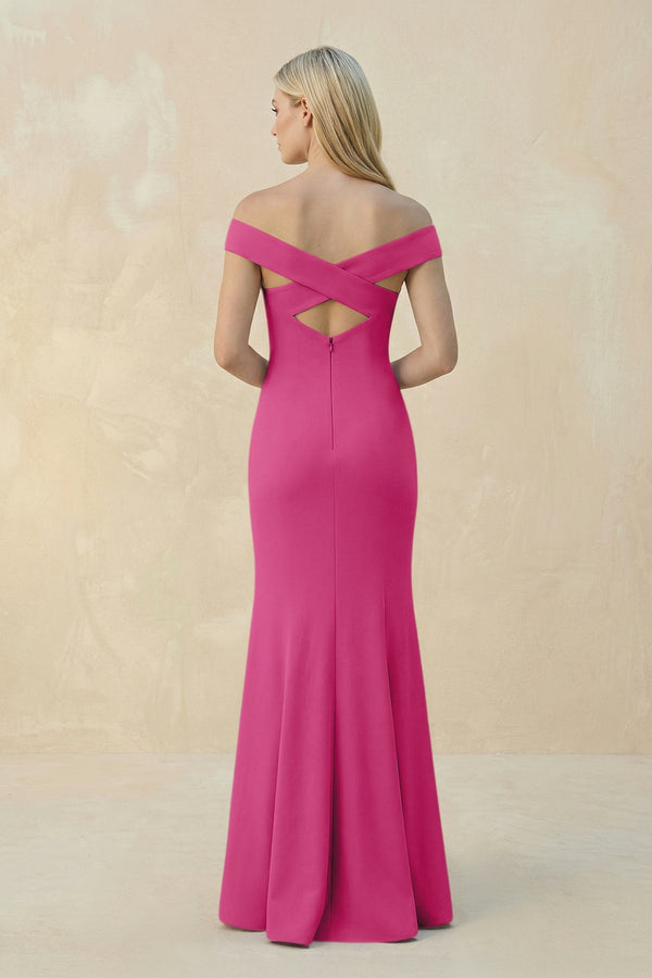 Off - the - Shoulder Sheath Matte Satin Bridesmaid Dress in Fuchsia - KISS BRIDAL Bridesmaid Dresses