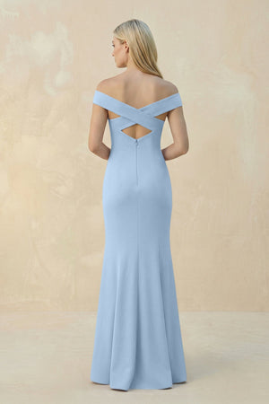 Off - the - Shoulder Sheath Matte Satin Bridesmaid Dress in Ice - SHE IS ME Bridesmaid Dresses