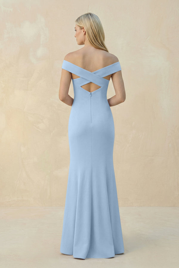 Off - the - Shoulder Sheath Matte Satin Bridesmaid Dress in Ice - SHE IS ME Bridesmaid Dresses