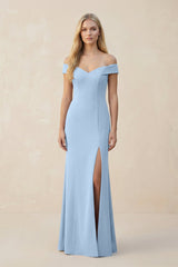 Off - the - Shoulder Sheath Matte Satin Bridesmaid Dress in Ice - KISS BRIDAL Bridesmaid Dresses