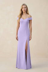 Off - the - Shoulder Sheath Matte Satin Bridesmaid Dress in Lavender - KISS BRIDAL Bridesmaid Dresses
