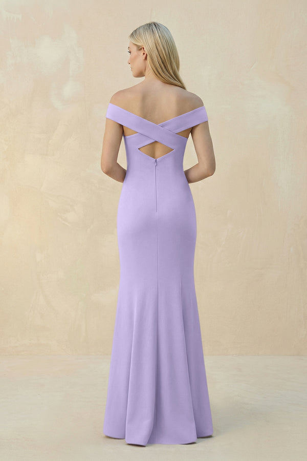 Off - the - Shoulder Sheath Matte Satin Bridesmaid Dress in Lavender - KISS BRIDAL Bridesmaid Dresses