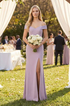 Off - the - Shoulder Sheath Matte Satin Bridesmaid Dress in Lavender Grey - SHE IS ME Bridesmaid Dresses