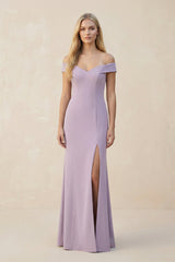 Off - the - Shoulder Sheath Matte Satin Bridesmaid Dress in Lavender Grey - KISS BRIDAL Bridesmaid Dresses