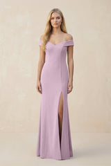 Off - the - Shoulder Sheath Matte Satin Bridesmaid Dress in Lilac - KISS BRIDAL Bridesmaid Dresses