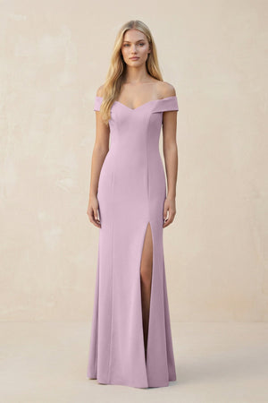 Off - the - Shoulder Sheath Matte Satin Bridesmaid Dress in Lilac - KISS BRIDAL Bridesmaid Dresses