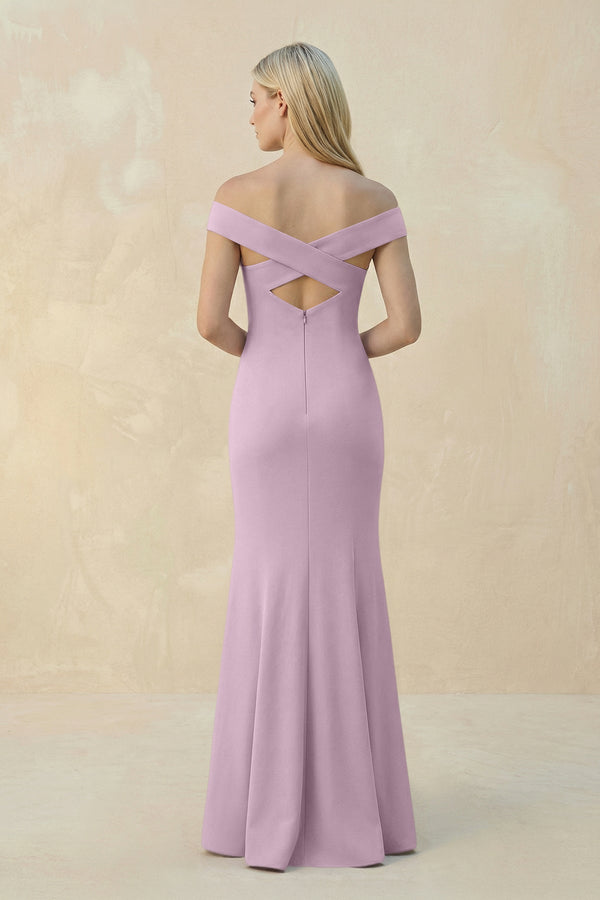 Off - the - Shoulder Sheath Matte Satin Bridesmaid Dress in Lilac - KISS BRIDAL Bridesmaid Dresses