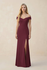 Off - the - Shoulder Sheath Matte Satin Bridesmaid Dress in Magenta - KISS BRIDAL Bridesmaid Dresses