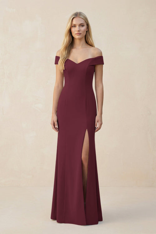 Off - the - Shoulder Sheath Matte Satin Bridesmaid Dress in Magenta - KISS BRIDAL Bridesmaid Dresses