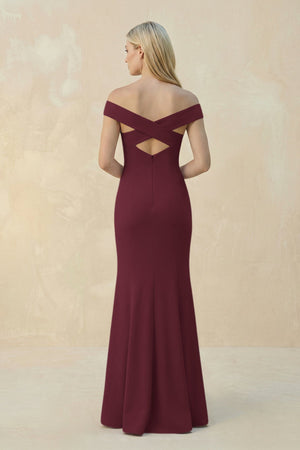 Off - the - Shoulder Sheath Matte Satin Bridesmaid Dress in Magenta - KISS BRIDAL Bridesmaid Dresses