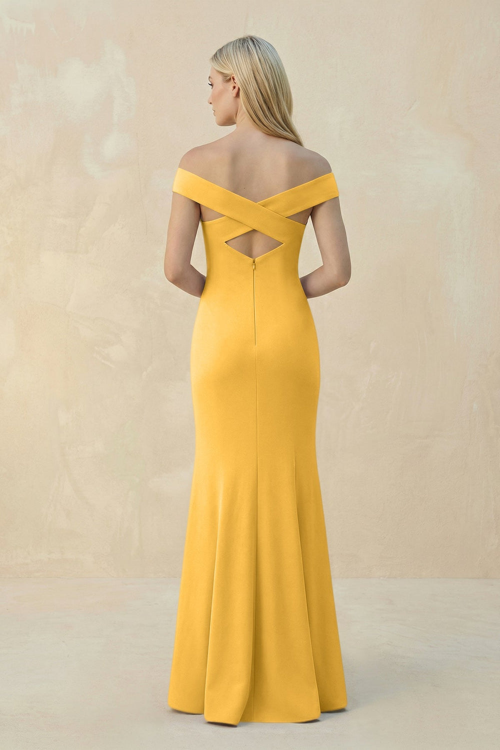 Off - the - Shoulder Sheath Matte Satin Bridesmaid Dress in Marigold - KISS BRIDAL Bridesmaid Dresses