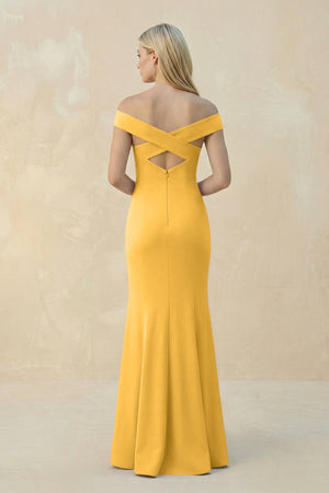 Off - the - Shoulder Sheath Matte Satin Bridesmaid Dress in Marigold - KISS BRIDAL Bridesmaid Dresses