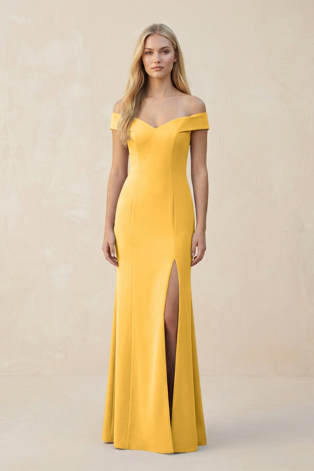 Off - the - Shoulder Sheath Matte Satin Bridesmaid Dress in Marigold - KISS BRIDAL Bridesmaid Dresses