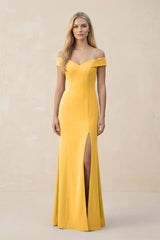 Off - the - Shoulder Sheath Matte Satin Bridesmaid Dress in Marigold - KISS BRIDAL Bridesmaid Dresses