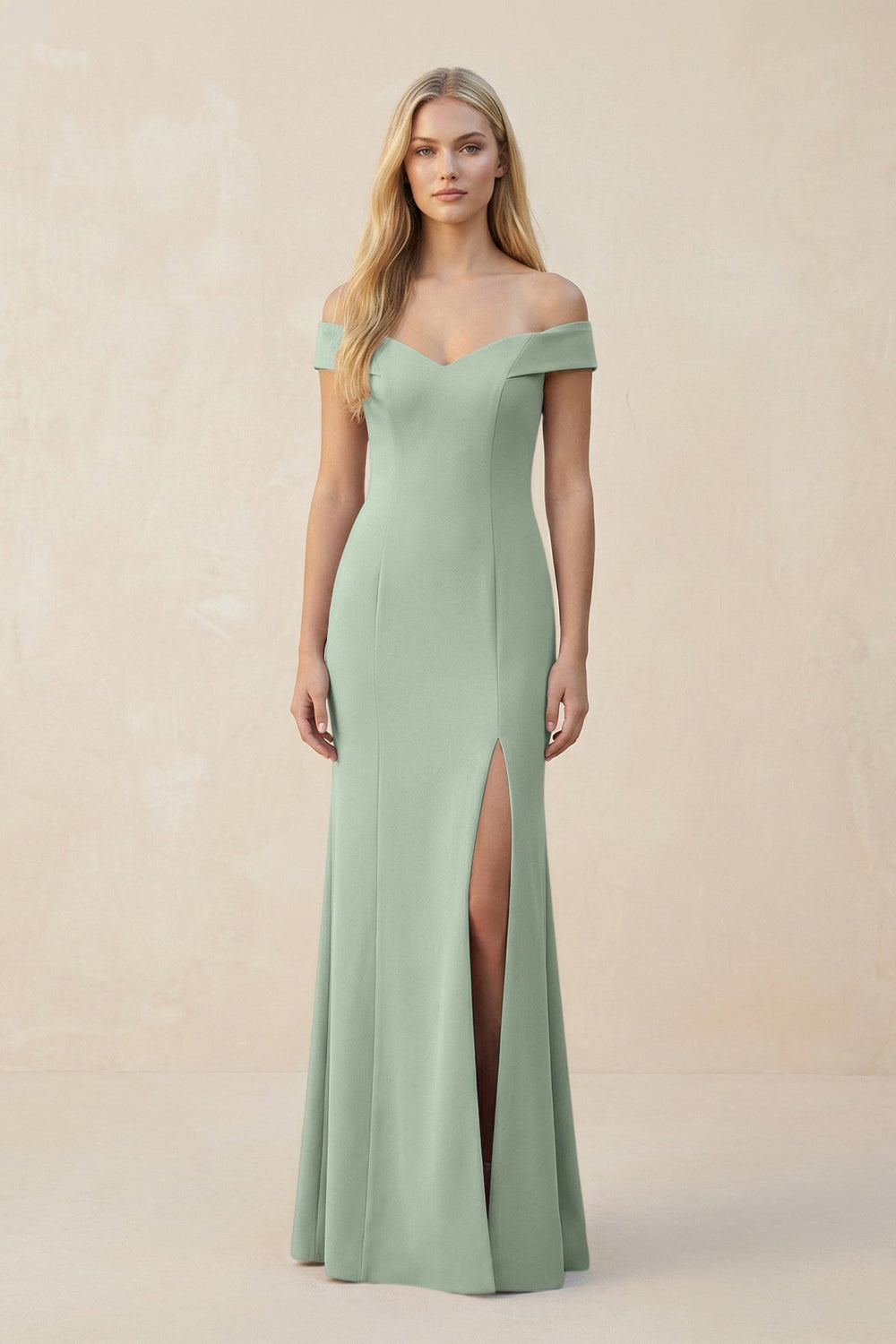 Off - the - Shoulder Sheath Matte Satin Bridesmaid Dress in Matcha - KISS BRIDAL Bridesmaid Dresses