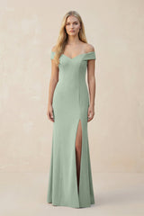 Off - the - Shoulder Sheath Matte Satin Bridesmaid Dress in Matcha - KISS BRIDAL Bridesmaid Dresses