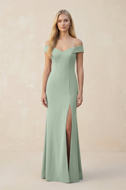 Off - the - Shoulder Sheath Matte Satin Bridesmaid Dress in Matcha - KISS BRIDAL Bridesmaid Dresses