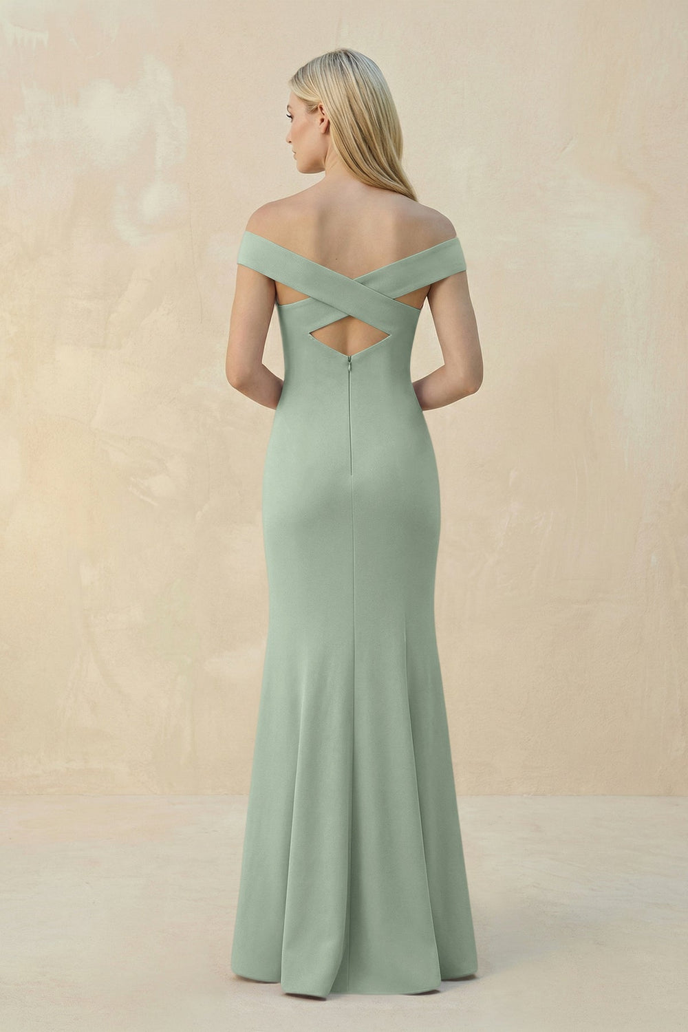 Off - the - Shoulder Sheath Matte Satin Bridesmaid Dress in Matcha - KISS BRIDAL Bridesmaid Dresses