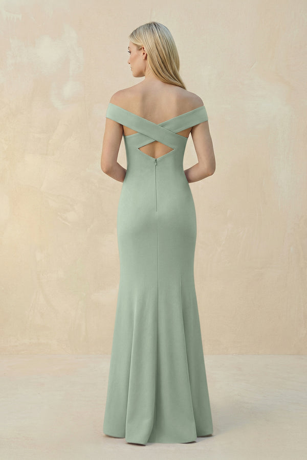 Off - the - Shoulder Sheath Matte Satin Bridesmaid Dress in Matcha - KISS BRIDAL Bridesmaid Dresses