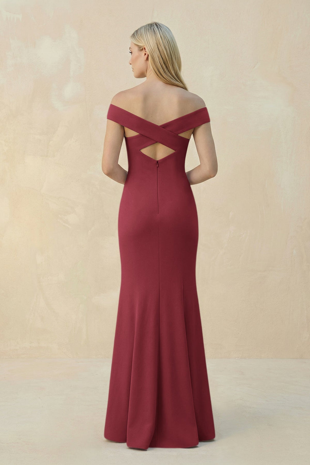 Off - the - Shoulder Sheath Matte Satin Bridesmaid Dress in Merlot - KISS BRIDAL Bridesmaid Dresses