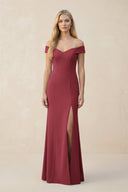 Off - the - Shoulder Sheath Matte Satin Bridesmaid Dress in Merlot - KISS BRIDAL Bridesmaid Dresses