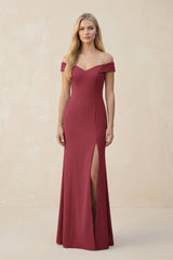 Off - the - Shoulder Sheath Matte Satin Bridesmaid Dress in Merlot - KISS BRIDAL Bridesmaid Dresses