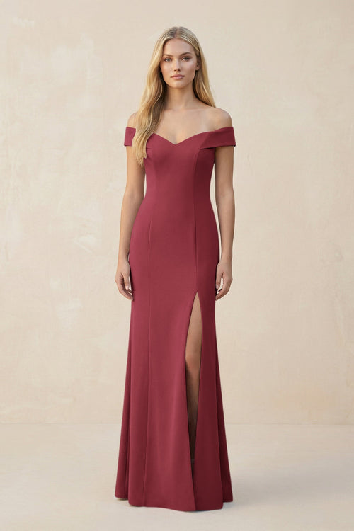Off - the - Shoulder Sheath Matte Satin Bridesmaid Dress in Merlot - KISS BRIDAL Bridesmaid Dresses