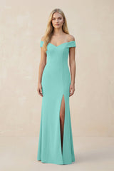 Off - the - Shoulder Sheath Matte Satin Bridesmaid Dress in Mint Green - KISS BRIDAL Bridesmaid Dresses