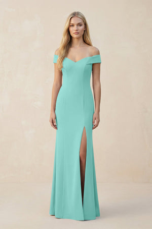 Off - the - Shoulder Sheath Matte Satin Bridesmaid Dress in Mint Green - KISS BRIDAL Bridesmaid Dresses