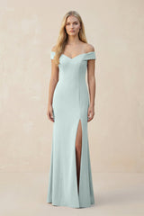 Off - the - Shoulder Sheath Matte Satin Bridesmaid Dress in Mist - KISS BRIDAL Bridesmaid Dresses