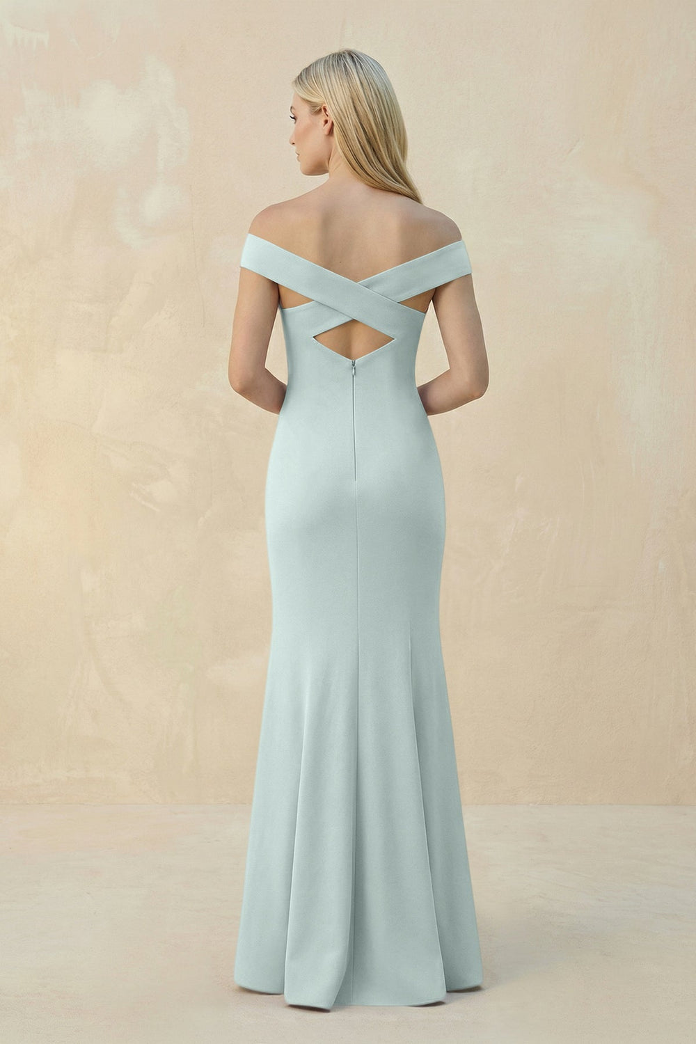 Off - the - Shoulder Sheath Matte Satin Bridesmaid Dress in Mist - SHE IS ME Bridesmaid Dresses