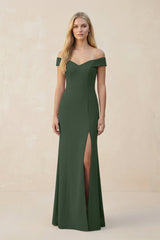 Off - the - Shoulder Sheath Matte Satin Bridesmaid Dress in Moss - KISS BRIDAL Bridesmaid Dresses