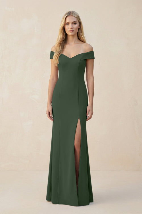 Off - the - Shoulder Sheath Matte Satin Bridesmaid Dress in Moss - SHE IS ME Bridesmaid Dresses