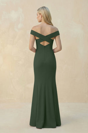 Off - the - Shoulder Sheath Matte Satin Bridesmaid Dress in Moss - SHE IS ME Bridesmaid Dresses