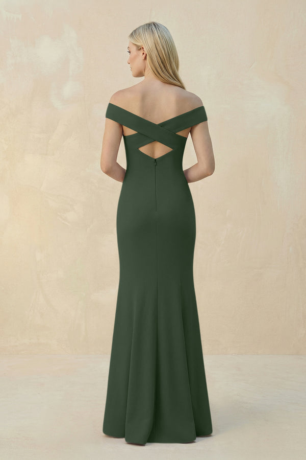 Off - the - Shoulder Sheath Matte Satin Bridesmaid Dress in Moss - SHE IS ME Bridesmaid Dresses