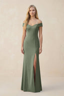 Off - the - Shoulder Sheath Matte Satin Bridesmaid Dress in Moss Green - KISS BRIDAL Bridesmaid Dresses