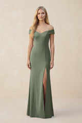 Off - the - Shoulder Sheath Matte Satin Bridesmaid Dress in Moss Green - KISS BRIDAL Bridesmaid Dresses