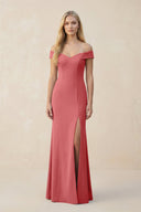 Off - the - Shoulder Sheath Matte Satin Bridesmaid Dress in Mulberry - KISS BRIDAL Bridesmaid Dresses