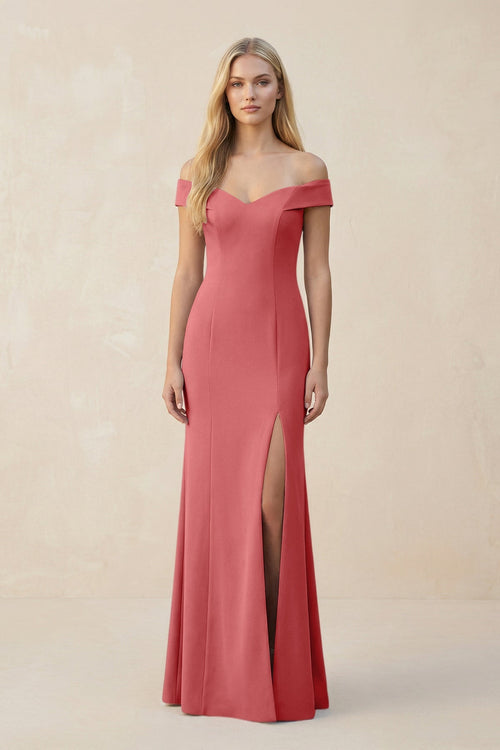 Off - the - Shoulder Sheath Matte Satin Bridesmaid Dress in Mulberry - KISS BRIDAL Bridesmaid Dresses