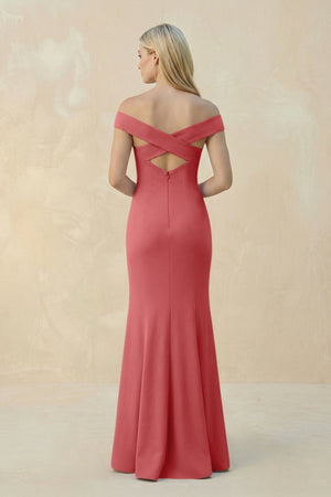 Off - the - Shoulder Sheath Matte Satin Bridesmaid Dress in Mulberry - KISS BRIDAL Bridesmaid Dresses