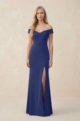 Off - the - Shoulder Sheath Matte Satin Bridesmaid Dress in Navy - KISS BRIDAL Bridesmaid Dresses