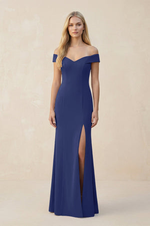 Off - the - Shoulder Sheath Matte Satin Bridesmaid Dress in Navy - KISS BRIDAL Bridesmaid Dresses