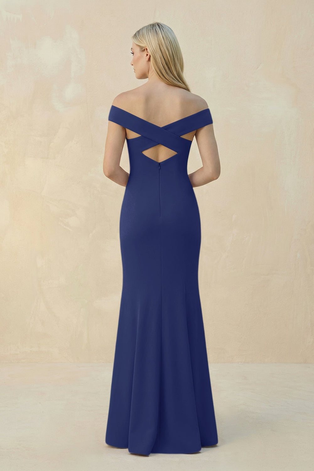 Off - the - Shoulder Sheath Matte Satin Bridesmaid Dress in Navy - KISS BRIDAL Bridesmaid Dresses